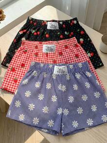 SHEIN EZwear 3件組舒適女款短款休閒短褲，梭織面料，適合日常穿著，迷彩印花短褲套裝 - 彩色 - 查看 3