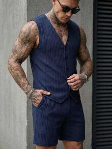 Manfinity CasualCool 男士背心套裝，直條紋紋理，夏季薄款純色休閒背心與短褲套裝 - 藏蓝色 - 查看 5