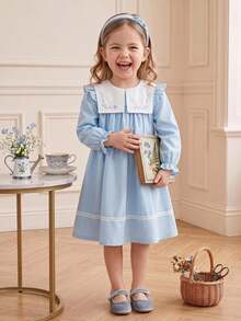Souflis Souflis 4-7Y Young Girl' French Retro Light Blue Casual Princess Loose Comfortable Floral Embroidery Lace Trim White Contrast Collar Long Sleeve Dress Wedding - Blue and White - View 3