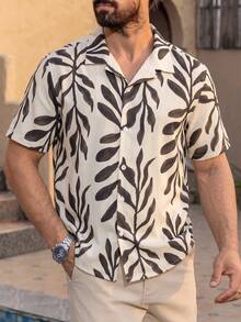 Manfinity Dauomo Men's Vacation Floral Print Short Sleeve Single-Breasted Shirt Holiday Vacation Black And White Leopard Print Summer Tropical - Apricot - View 5