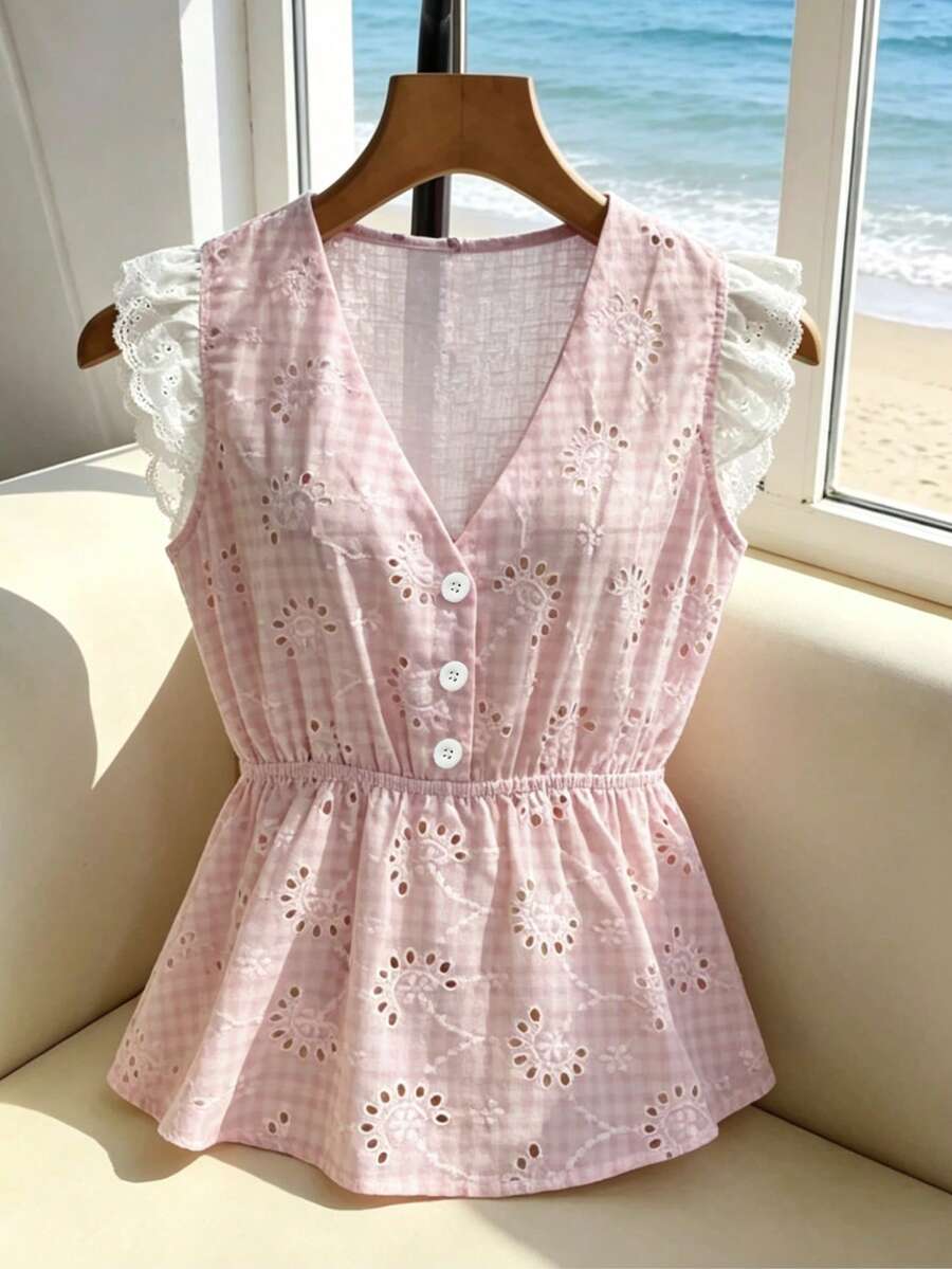 SHEIN Franclia 镂空刺绣背心,休闲度假装 - 粉色 - 查看 1