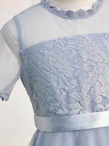 Wedding Season Girls Elegant Lace Contrast Mesh Embroidered Ruffle Sleeve Cinched Waist Layered Ruffle Hem Asymmetrical Mid-Length Dress For Ball, Performance, Birthday Party, Banquet, All Seasons - Blue - View 6