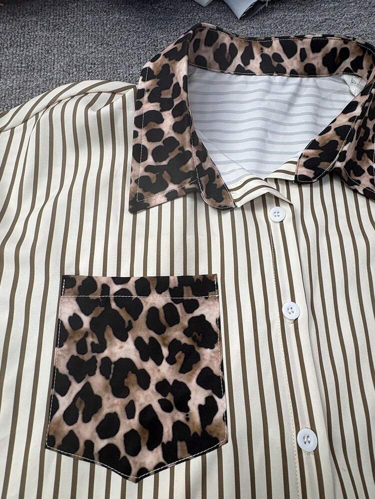 Franclia Women's Leopard Print Striped Pattern Collar Shirt Suitable For Daily Wear - Multicolor - View 6