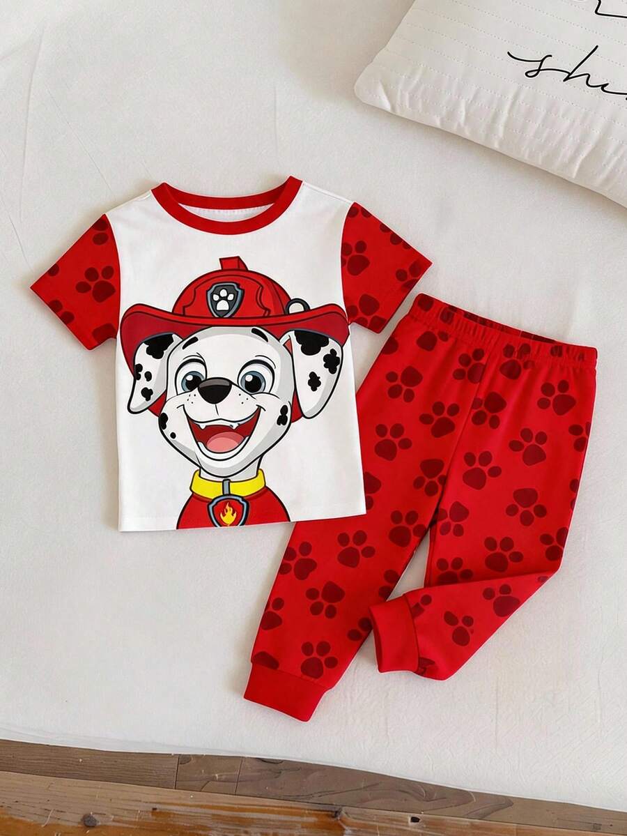 SHEIN | PAW Patrol 男嬰圓領卡通圖案短袖上衣與長褲休閒日常居家睡衣套裝 - 彩色 - 查看 1