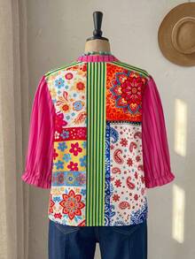 Rusticease Plus Size Casual Vacation Floral Print Patchwork Shirt - Multicolor - View 2