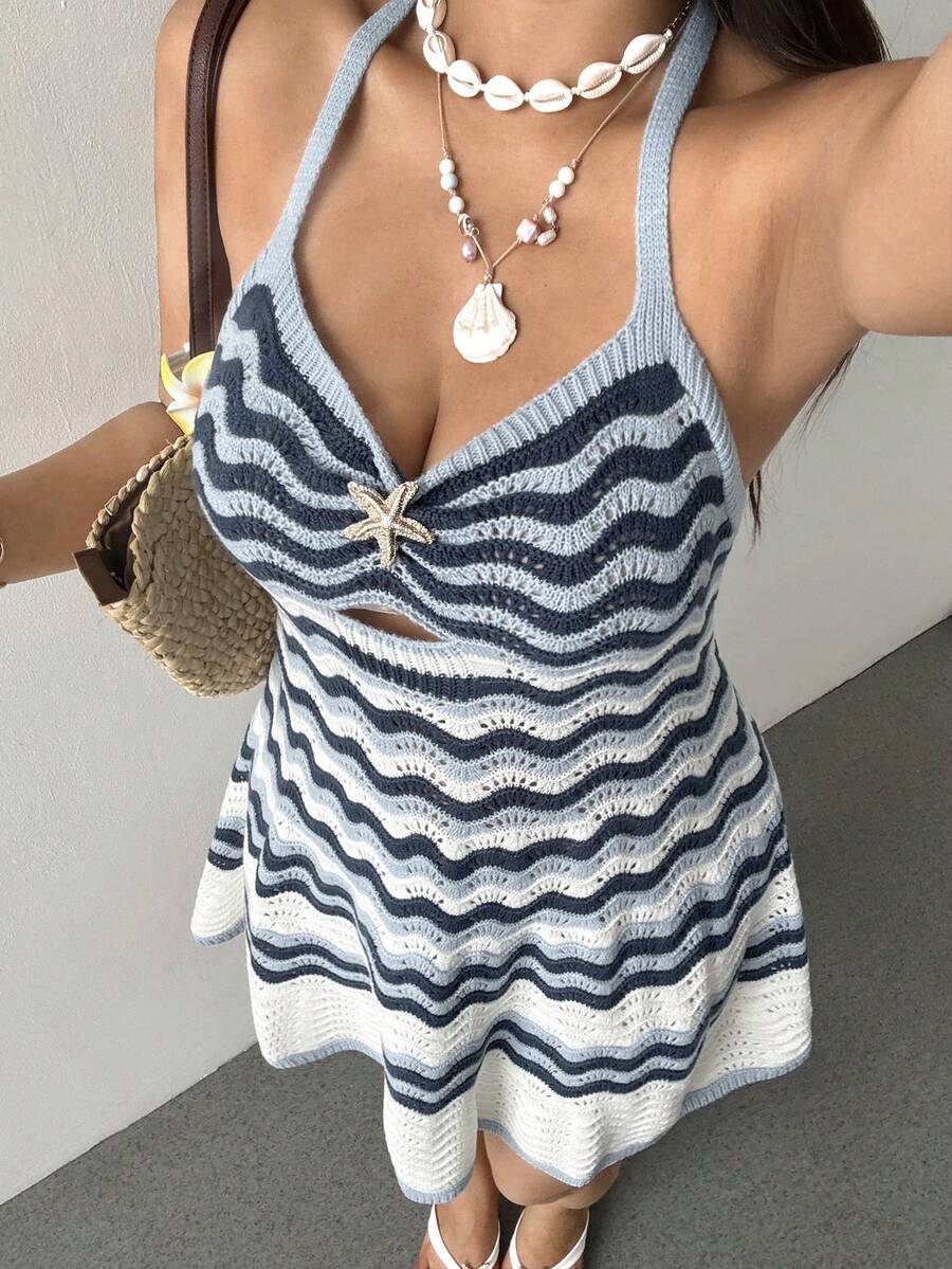 Sunnyshic Plus Size Women's Sunny Summer Romantic Blue Gradient Striped Starfish Metal Buckle Decor Sexy Playful Cute Beach Romantic Elegant Off-Shoulder Strapless Knit Dress, Suitable For Spring/Summer Beach Vacation Outfits - Blue and White - View 1