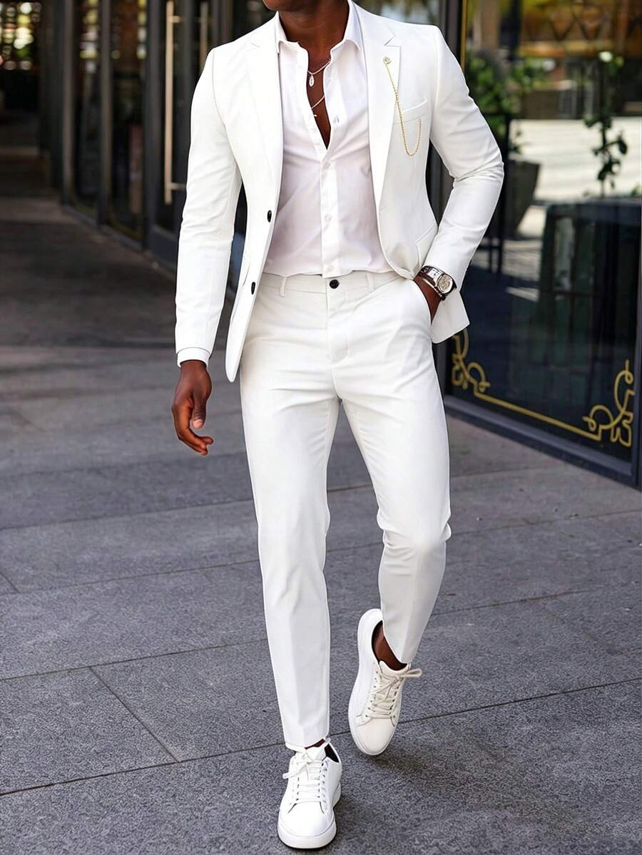 Manfinity Bizformal Men's White Woven Business Formal Suit Set - White - View 1