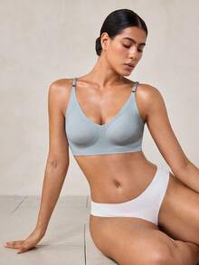 Veilyse 1 pièce Soutien-gorge sans fil amovible rembourré de couleur unie, soutien-gorge de sport sans couture délicat et respirant pour femmes - Bleu ciel - Voir 10