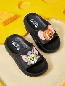 TOM & JERRY X SHEIN 可愛卡通圖案兒童EVA拖鞋，適合幼兒與兒童，可於室內、淋浴或戶外使用，輕便舒適 - 黑色 - 查看 5