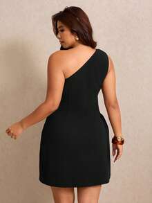 Elaquor Plus Size Metal Button One Shoulder Ruched Elegant Dress Party Black Summer - Black - View 2