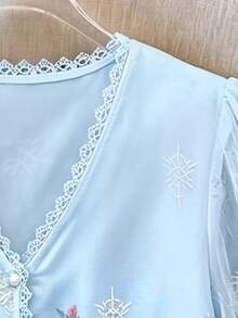 GlowEve Woven Embroidered Women's Summer V-Neck Short Sleeve Blouse - Baby Blue - View 6