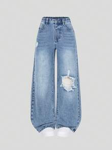 SHEIN ChillGRL 女童牛仔褲，休閒學院風，休閒街頭風，女童校園拉鍊藍色牛仔褲，適合購物、戶外活動等多種場合 - 藍色 - 查看 8