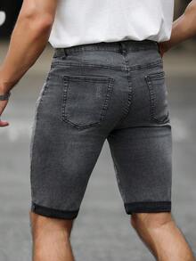 Manfinity Homme Men's Casual Versatile Daily Wear Denim Shorts With Pocket, Button And Distressed Design - Grey - View 2