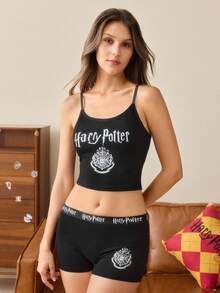 HARRY POTTER X SHEIN Collaboration 2-Piece Underwear Set, Camisole + Boxer Briefs, Print - Black - View 7