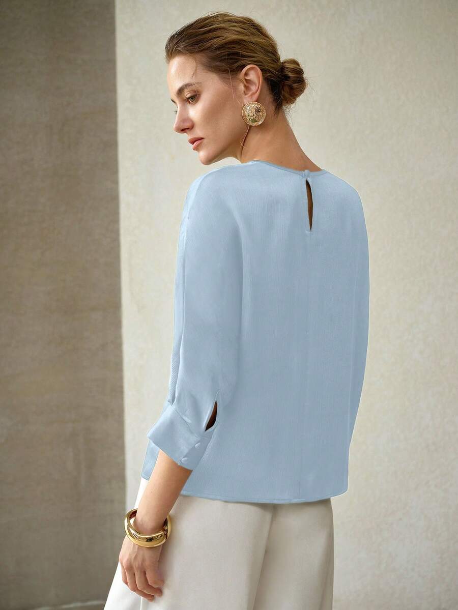 MOTF PREMIUM WOMEN'S ELEGANT SOLID COLOR BATWING SLEEVE BLOUSE - Blue - View 2