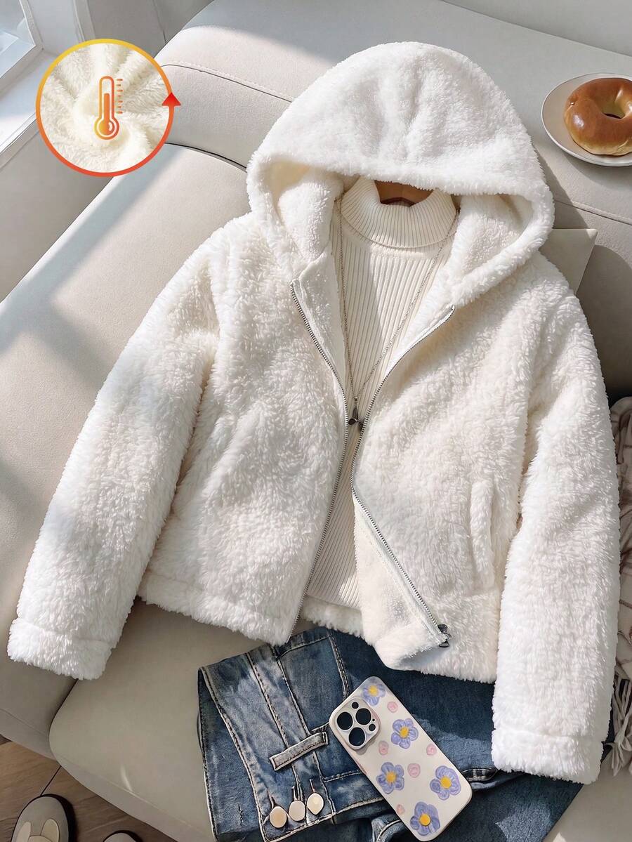 SHEIN 1件女童冬季白色搖粒絨外套,韓系簡約連帽拉鍊設計,加厚長袖短版寬鬆版型,搖粒絨面料,適合日常、校園、旅行穿著,溫柔百搭熱銷款 - 白色 - 查看 1