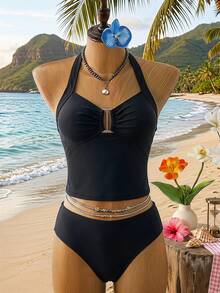 SHEIN Girlism Teen Girl Solid Color Halter Tankini And Triangle Tankini Swimwear Set, Suitable For Summer Vacation And Beach - Black - View 3