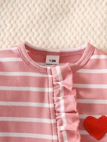 SHEIN 秋冬新生兒條紋愛心可愛嬰兒連身衣連身褲 + 帽子 - 粉色 - 查看 6