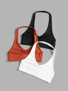 SHEIN Velisys Women's Plus Size Solid Color Ruched Halter Neck Sports Tank Top For Daily Fitness Gym Black Burnt Orange White Summer Gym Sports Gym - Multicolor - View 2