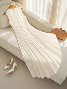 SHEIN Clasi Gaun Lipit Elegan Wanita, Cocok untuk Kantor, Liburan, dan Kencan - Krem - View 2