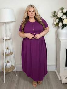 Hourglow Plus Size Basic Front Button Decor Round Neck Short Sleeve Comfy Dress, For Hourglass Body Shape Elegant - Red Violet - View 6