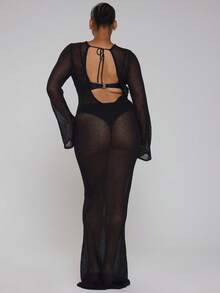 MUSERA Curve Black Mini Dress Back Tie Beach Cover Up - Black - View 4