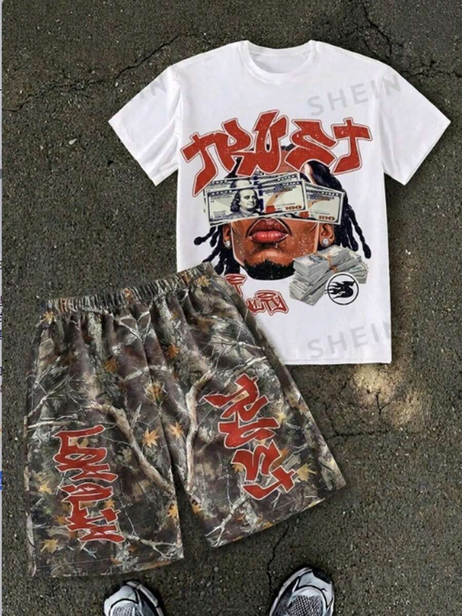 SHEIN Coolqubz 青少年男孩角色印花T恤短褲兩件套 - 彩色 - 查看 1