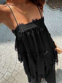 DAZY 春夏女款蕾絲拼接百褶休閒派對旅行中長細肩帶洋裝 - 黑色 - 查看 4
