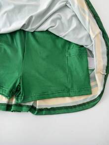 SHEIN Tween女孩休閒運動字母黑白對比色交叉背心式運動洋裝 - 綠色 - 查看 4