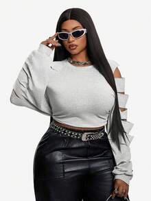 Maweii Sudadera corta de mujer talla grande, nueva, gris claro, con diseño calado, efecto desgastado, hombros caídos, estilo sexy corto, manga larga con diseño de recortes, tela de punto elástica, estilo callejero americano, uso casual diario, estilo personalizado de chica atractiva, sudadera corta holgada y estilizada para primavera/otoño - Gris Claro - Ver 1