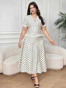 Dazy Plus Polka Dot Cardigan Lace Trim Patchwork Blazer Style Short Sleeve Top & Straight Skirt 2pcs Set, Elegant Commute Plus Size Women Summer - White - View 2
