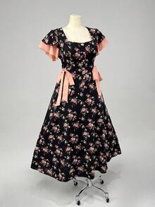 Sweetra Plus Size Spring/Summer Floral Patchwork Tie-Up Elegant Vacation Dress - Black - View 5