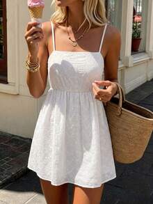 SHEIN LUNE Plus Size Women's Hollow Embroidery Casual Boho Strappy Vacation Dress Beach Allover White Summer - White - View 9