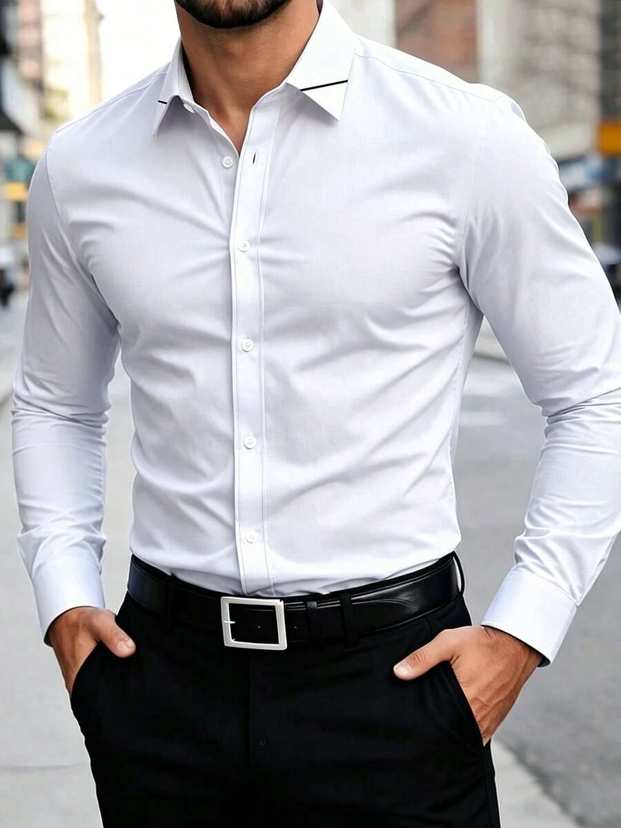 Manfinity Bizformal 男士春秋休閒商務日常通勤長袖白色襯衫,正式款 - 白色 - 查看 1