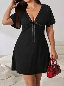 Solflare Black Casual Elegant Plus Size Women's Contrast Lace Bow Decor Short Sleeve Dress Evening Summer - Black - View 7