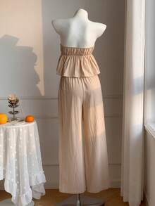 Comfortcana Damen einfarbiges plissiertes Bandeau-Top und lange Hose, lässiges 2 Stücke Set für den Alltag - Aprikosenfarben - Übersicht 2