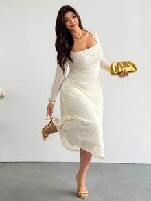 Firerie Plus Size Women Solid Color Pleated Elegant Waist-Cinching Party Evening Date Night Travel Dress Festival Outfits White Dresses Wedding Guest Autumn - Apricot - View 1