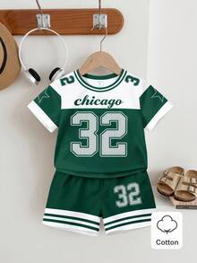 2pcs/Set Toddler Boys' Casual Creative Numeric 32, Chicago, Star Striped Colorblock Letter Graphic Print Short Sleeve T-Shirt And Shorts Set, Comfortable Daily Wear, Cozy Summer Styles Suitable For Spring And Summer - Multicolor - View 4