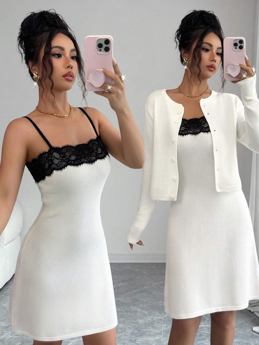 Elenzga Women's Strapless Lace Plaid Dress + Woolen Cardigan Set, Two Pieces Outfit, Peach Color Set, Fashion,Lace Dress + Short Cardigan Jacket