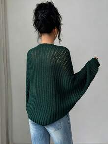 SHEIN Clasi 女款春夏度假派對夜生活日常通勤針織鏤空蝙蝠袖開襟衫，百搭成熟休閒優雅辦公風，深綠色 - 墨綠色 - 查看 2