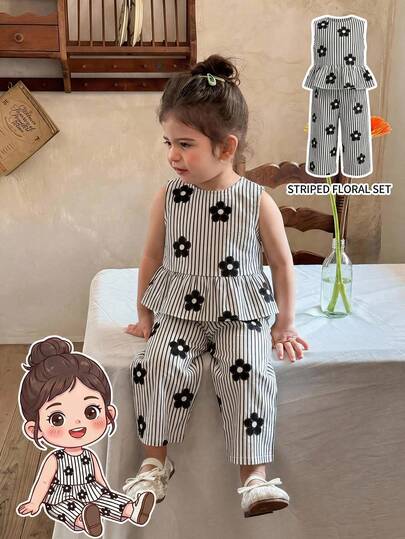SHEIN LMoss Kids 2件套女婴条纹碎花圆领休闲背心和裤子套装