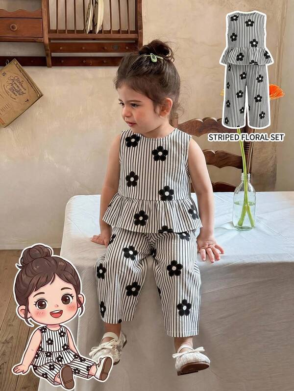 SHEIN 2件套女婴条纹碎花圆领休闲背心和裤子套装