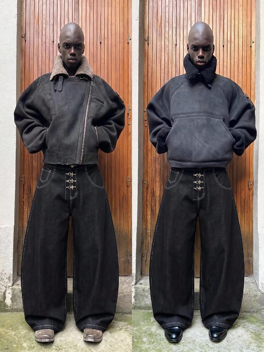 SWAVVY Men's Woven Fashion Casual Loose Straight Leg Solid Color Long Pants - Black - View 1