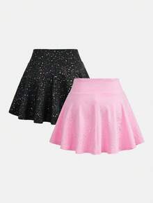 SHEIN Tween女孩2件式運動服套裝，春夏休閒針織亮面銀箔黑粉配色運動套裝，高彈性舒適交叉腰褶邊喇叭裙褲，附手機口袋，瑜伽服 - 彩色 - 查看 2