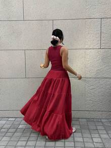 SHEIN EZwear 勃艮第酒红色休闲背心和裙子两件套，加大码，夏季 - 酒紅色 - 查看 2
