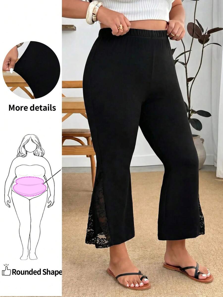 Enliva Plus-Size Summer Casual Stretch Flared Pants, Cropped Pants, Lace-Trimmed Flared Pants, For Apple And Rounded Body Shape - Black - View 1
