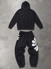 SHEIN 青少年男孩 2 件組字母印花連帽衛衣與運動長褲套裝，適合秋冬穿著 - 黑色 - 查看 2