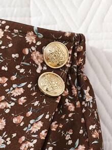 SHEIN 女童少女高領T恤與格紋裙褲兩件套，女孩秋季服飾，適合日常通勤穿著 - 卡其色 - 查看 5