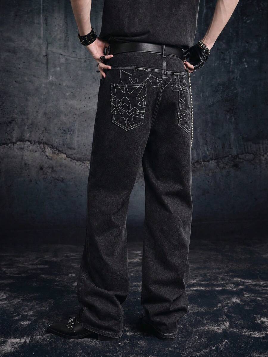 Manfinity ZONE917 Men's Geometric Pattern Pocket Straight Leg Casual Jeans Going Out Hang Out Commute Vacation Street, Grunge - Black - View 1