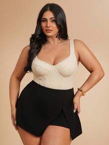 SHEIN BAE Mono de mujer talla grande de unicolor con costuras en espina de pescado y corpiño ajustado - Albaricoque - Ver 5
